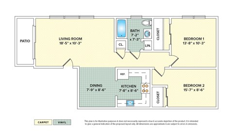 Floor plan for 2 beds, 1 bath, 675 sqft